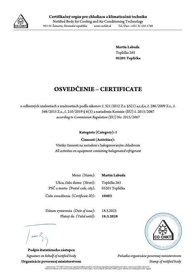 Náhľad certifikátu Osvedčenie na prácu s chladiarenskými zariadeniami