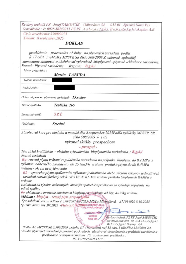 Náhľad certifikátu Osvedčenie na špecializáciu plynových zariadení